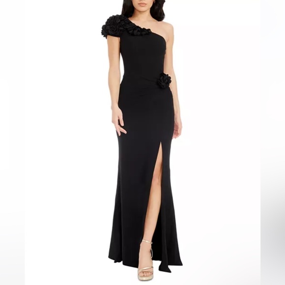 Dress the Population Black Aubrielle Rosette One Shoulder Maxi Gown - Reemoly